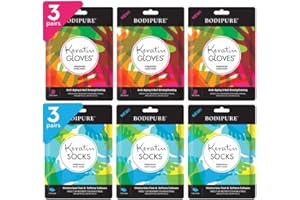 BODIPURE Premium Keratin Gloves and Socks for Hydrating Dull Dry Hands and Cracked Heels – Callus Softening – Nail Strengthening – Skin Brightening and Nourishing – 3 Pairs ea. (3+3 Pack)