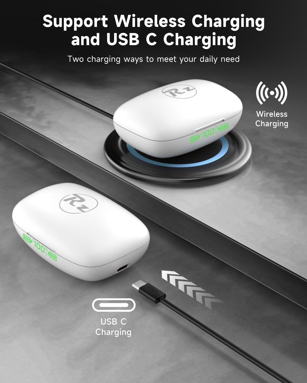 RIZIZI A12 charging case supporting both wireless and USB-C charging