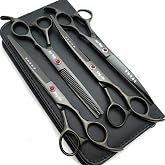 7.0in Titanium Professional dog Grooming Scissors set,Straight &amp; Thinning &amp; Curved scissors 4pcs set for Dog grooming (Bright black)