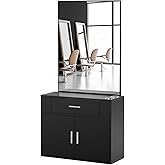 OmySalon Wall Mount Salon Station with Mirror, Hair Styling Barber Station, Beauty Salon Spa Equipment with 1 Drawer, 1 Storage Cabinet, 2 Hair Dryer Holders, Black