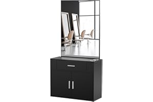 OmySalon Wall Mount Salon Station with Mirror, Hair Styling Barber Station, Beauty Salon Spa Equipment with 1 Drawer, 1 Storage Cabinet, 2 Hair Dryer Holders, Black