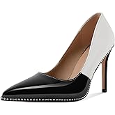 SAMMITOP Black and White Pumps for Women Sexy Stiletto High Heels Pointed Toe Pumps Slip On Beaded Wedding Office Work Formal Shoes 4 Inch US Size 7.5