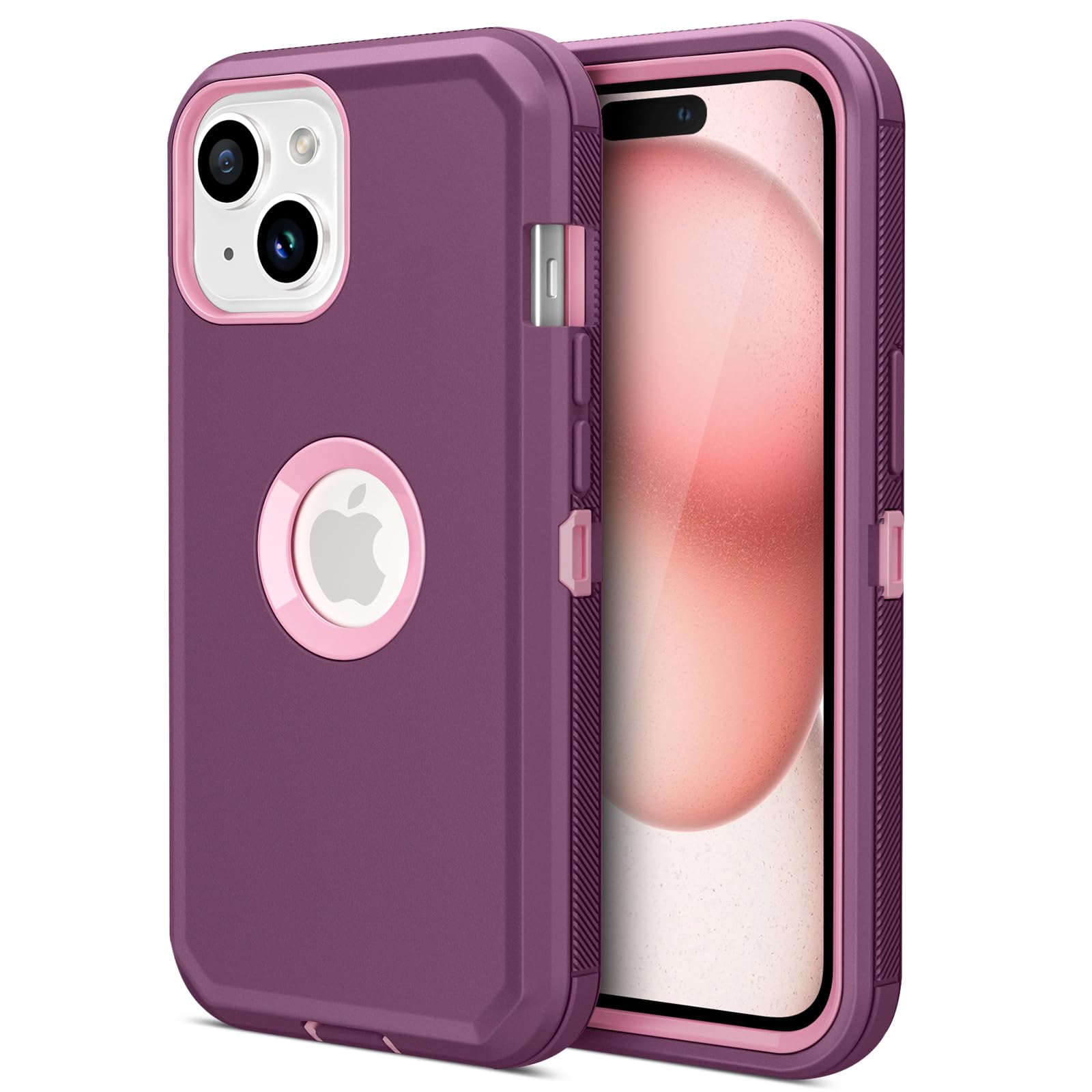 Jiunai for iPhone 15 Case, Heavy Duty Drop Protection Screenless Dual Layer Shockproof Rugged Tough Bumper Dust Proof Phone Case Compatible with iPhone 15 6.1 inches 2023 Released - Purple Pink