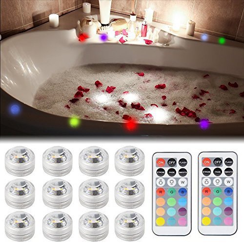 Sxstar 12pcs Submersible LED Lights,Waterproof Underwater Lights,Battery Powered RGB Colour Changing Tea Lights with IR Remote Control for vase, bowls, aquarium and party decoration