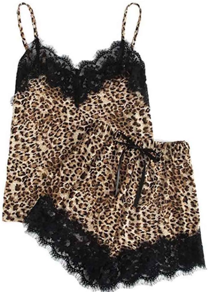 Topassion Womens Sexy Lace Leopard Pajama Set Satin Cami & Shorts Pajama Set,Ladies Soft Loungewear Spaghetti Straps Vest Top and Boy Shorts Nightwear Sleepwear for Autumn