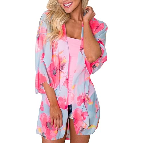 PRETTODAY Women's Summer Floral Print Kimonos Loose Half Sleeve Chiffon Cardigan Blouses Casual Cover Up