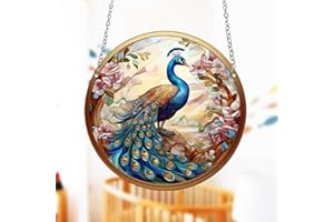ZZHAOYI Peacock Stained Acrylic Window Hanging Ornament, Animal Series Wall Art Decor Home Garden Decor Hanging with Chain Indoor Outdoor Decor Gift for Grandma,Mom,Wife (Peacock, 5.9'')