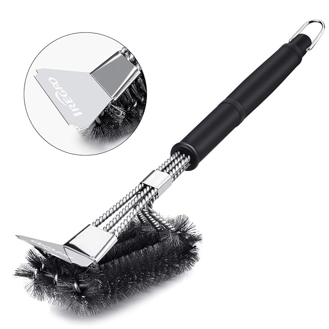 IREGRO Grillbürste mit 304 Edelstahl Spatel und Langer Griff, Perfekt Grill Zubehör für Holzkohle Elektro Gas Grill