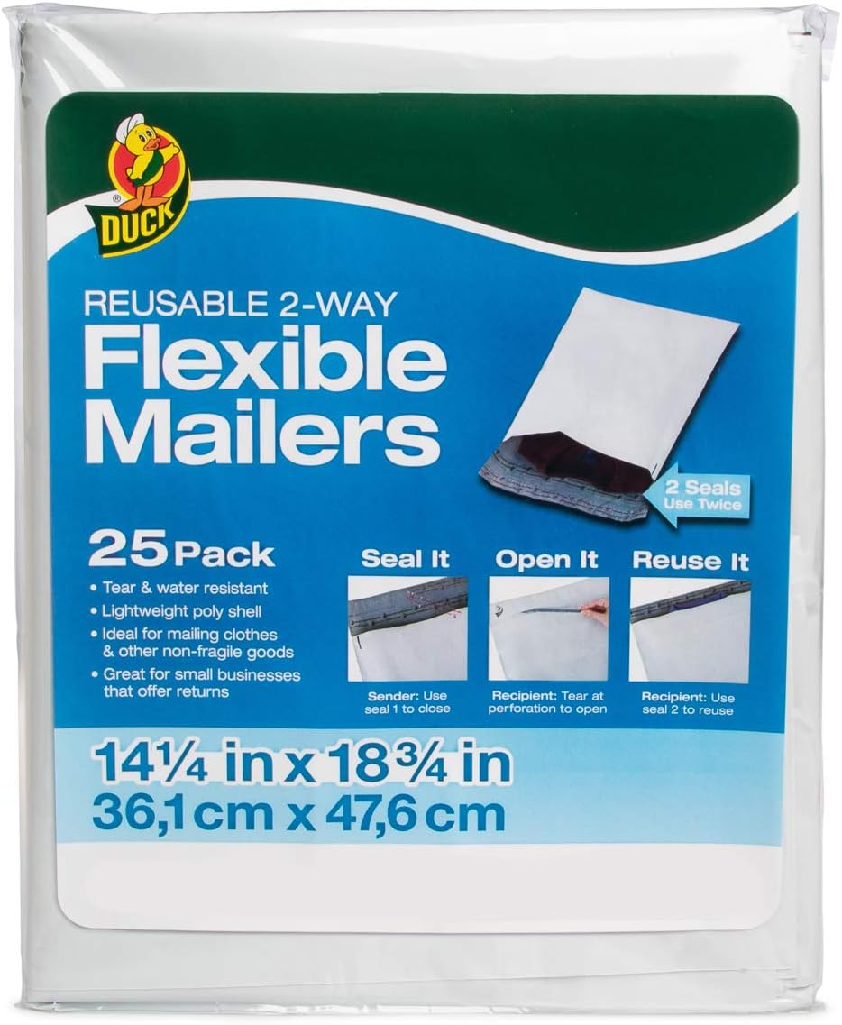 Duck Brand (25 Pack) Reusable 2-Way Flexible Mailers 14.5 x 18.75 Inch Poly Mailers Shipping Bags for Clothing & Non-Fragile Goods