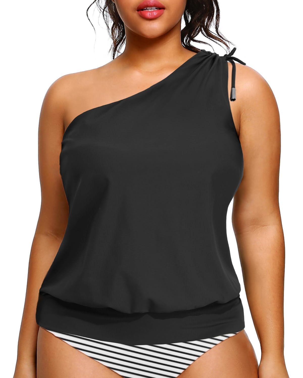 Photo 1 of Women Plus Size Tankini Tops - 2025 Black Blouson Tummy Control Swim Top Only One Shoulder Bathing Suit Top No Bottom 14W