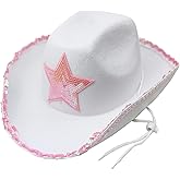 GiftExpress White Felt Cowgirl Hat with Pink Sequin Star, Country Themed Party Cowboy Dressup Play Costume Hat For Teens & Adults