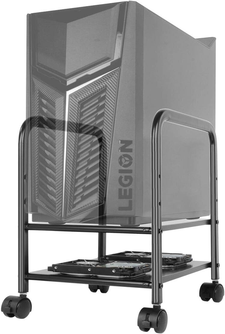 Computer Tower Stand, Desktop ATX-Case CPU Holder, Adjustable 2-Tier CPU Steel Rolling Stand, Mobile Tower Case Stand Cart with Locking Caster Wheels for Office Home (Black) : Office Products
