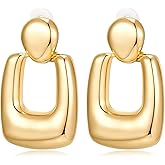 HESSAWELL Polished Chunky Gold Dangle Clip-on Earrings for Women Geometric Hoop Clip Earrings for Birthday Jewelry