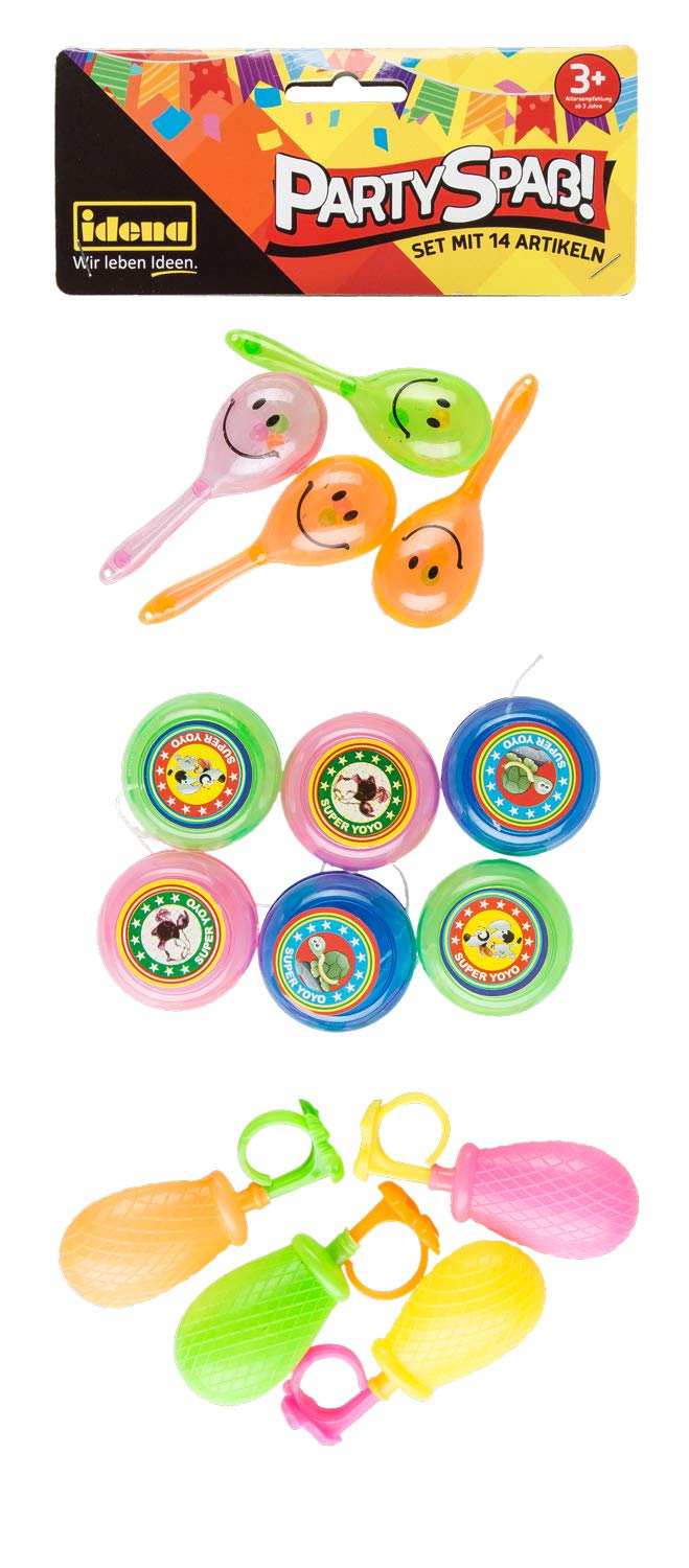 Idena 40442 - Party Fun Set with 14 Items, 4 Rattles, 6 Yo-Yo-Yos and 4 Water Syringes in Bright Bright Colours