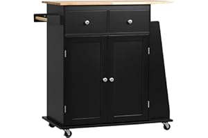 HOMCOM Rolling Kitchen Island Trolley Storage Cart with Rubber Wood Top, 3-Tier Spice Rack, Towel Rack Home Kitchen Carts, Bl