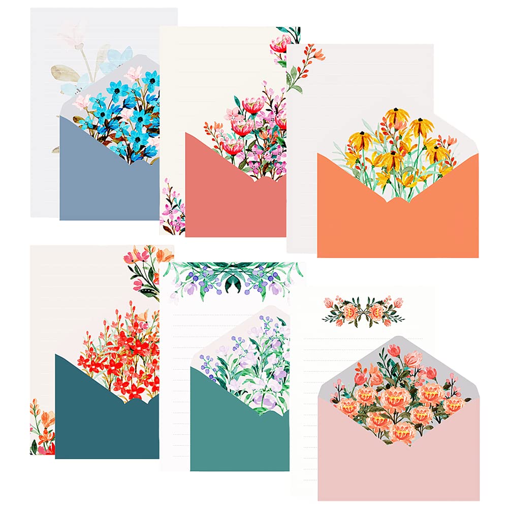 72 Pcs Floral Theme Paper Stationery Set Stationery Paper and Envelopes set Including 48 Pcs Both Sides Writing Letterhead Paper (5.4 x 7.6'') with 24 Pcs Sealing Envelopes(4.5 x 6.3'')