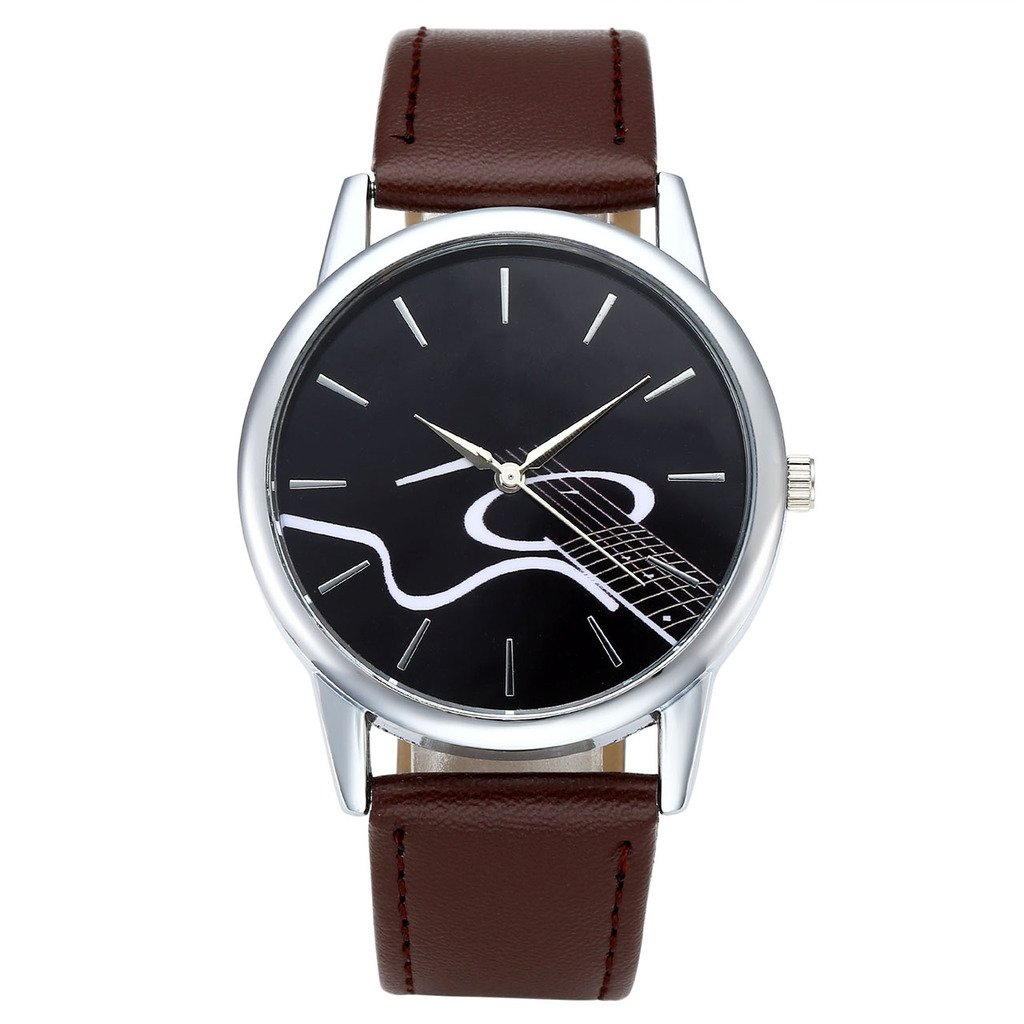 Top Plaza Guitar Dial Musical Instrument Unisex Fashion Analog Quartz Watch with PU Leather Band-Coffee