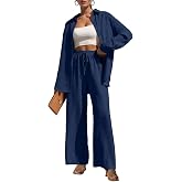 Lepunuo 2 Piece Outfits for Women Casual Wide Leg Pants Sets Tracksuit | Long Sleeve Button Down Shirts, Wide Leg Pants Sets,High Waist,Flowy,2 Piece Lounge set,Travel Outfits