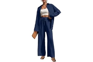 Lepunuo 2 Piece Outfits for Women Casual Lounge Sets Long Sleeve Button Down Shirts and Wide Leg Pants Sets Tracksuit