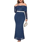 CYCLAMEN Plus Size Off The Shoulder Sparkly Dress Long Sleeve Mermaid Maxi Evening Gown Cocktail Party Wedding Guest
