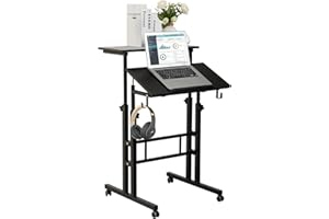 SIDUCAL Mobile Standing Desk, Portable Stand Up, Small Adjustable Converter with Wheels Home Office Workstation, Rolling Desk Laptop Cart for Standing or Sitting, Black