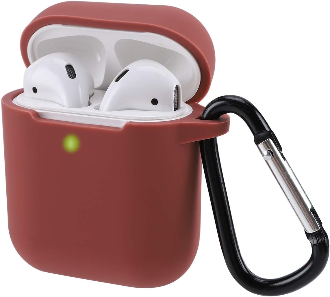 Airpods Case Cover Compatible with AirPods 2 & 1, KOKOKA Silicone Protective Case Cover for Airpods Front LED Visible Support Wireless Charging with Carabiner, Brown
