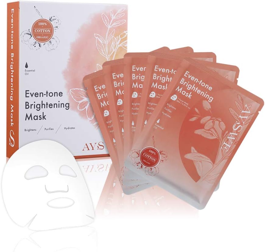AYSWE Even-tone Brightening Face Mask Sheets | Tissue Mask with Hydrating and Anti-ageing Serum, Organic and Natural Ingredients to Lighten Age Spots, Box of 5 Facial Masks for Even Sensitive Skin