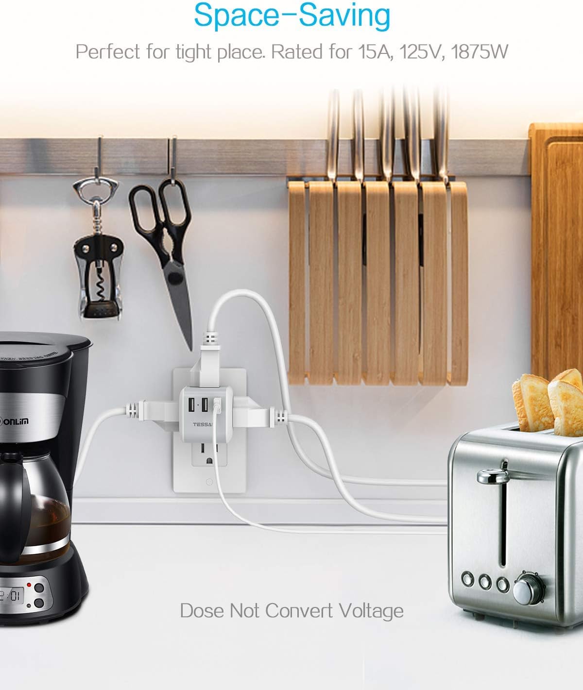 Multi Plug Outlet Extender with 3 USB Charger, TESSAN Power Charging Cube Expander for Wall Outlet Box, Multiple Electrical Outlet Splitter for Home, Office, Dorm Essentials - - 