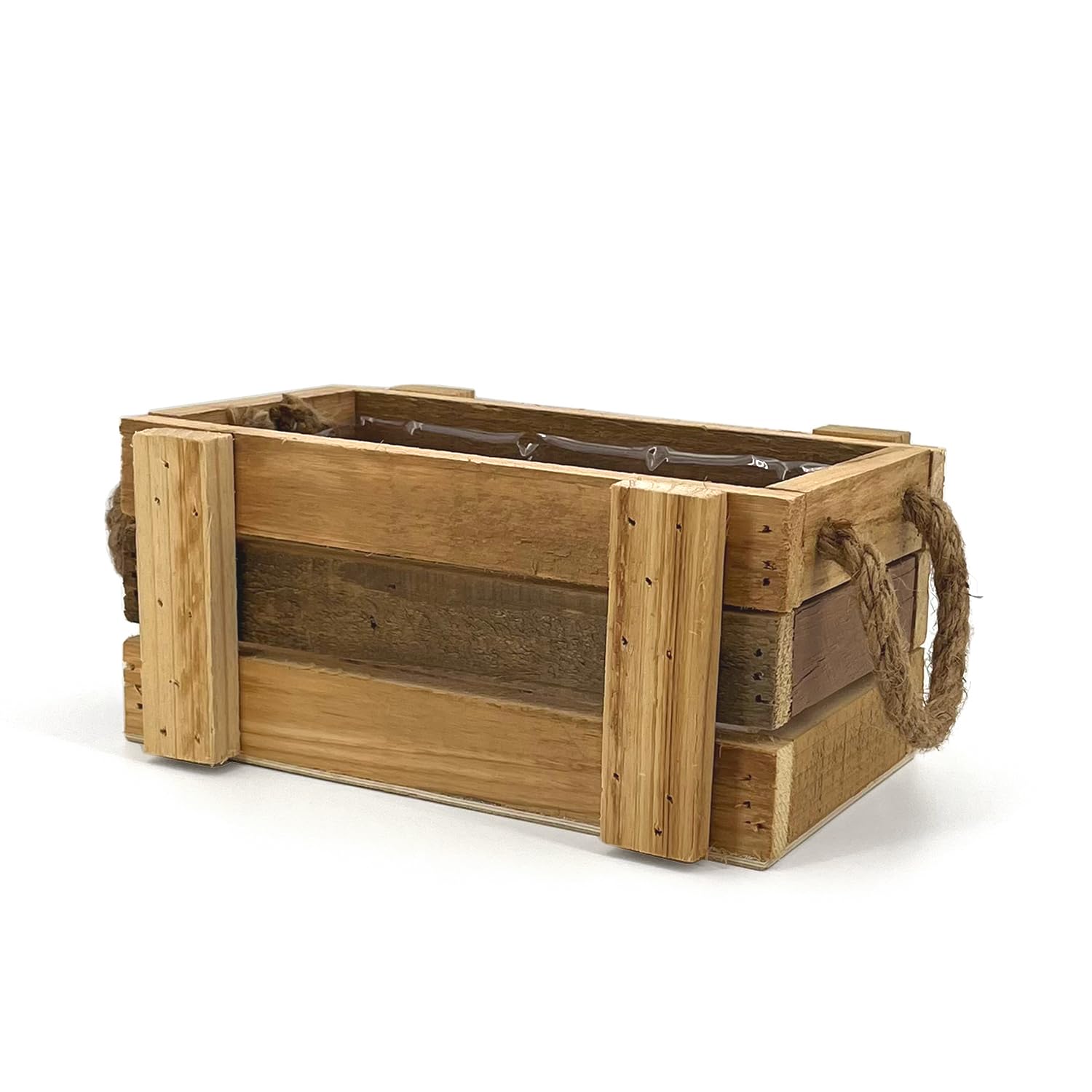 Rectangular Outdoor Planter in Natural Wood with Rope Handles and Plastic Coating | Measures 26 x 15 x 10 cm | Ideal as a Balcony Planter, Pot Holder or Pot Cover for Indoor Plants