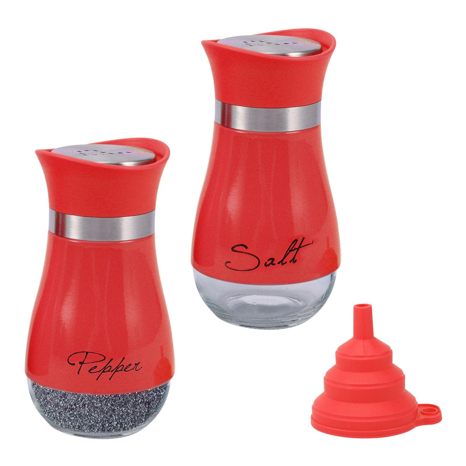 Jiakalamo Salt and Pepper Shakers Set with Foldable Funnel, 2pcs Salt and Pepper Seasoner Bottle Glass Spice Shakers Refillable Salt Dispenser for Home Kitchen Cooking Camping BBQ(Red)