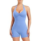 YEOREO Women Halter Workout Jumpsuits One Piece Backless Bodycon Bodysuits Hidden Scrunch V Back Yoga Joceline Short Romper