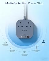 Addtam 3M Extension Lead with USB Ports 4 USB A/C Type C Surge Protector Gray view 5