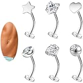 BodyAce 14G Floating Belly Button Rings Surgical Steel Curved Navel Ring Cubic Zirconia Long Bars Internally Threaded Flat Back Piercing Barbells 6/8/10/12/14MM