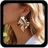 Andelaisi Boho Geometric Irregular Square Earrings Vintage Gold Textured Square stud Earrings Punk Personality Hammered exaggerated Earrings Gold Squares Statement Earrings Jewelry for Women