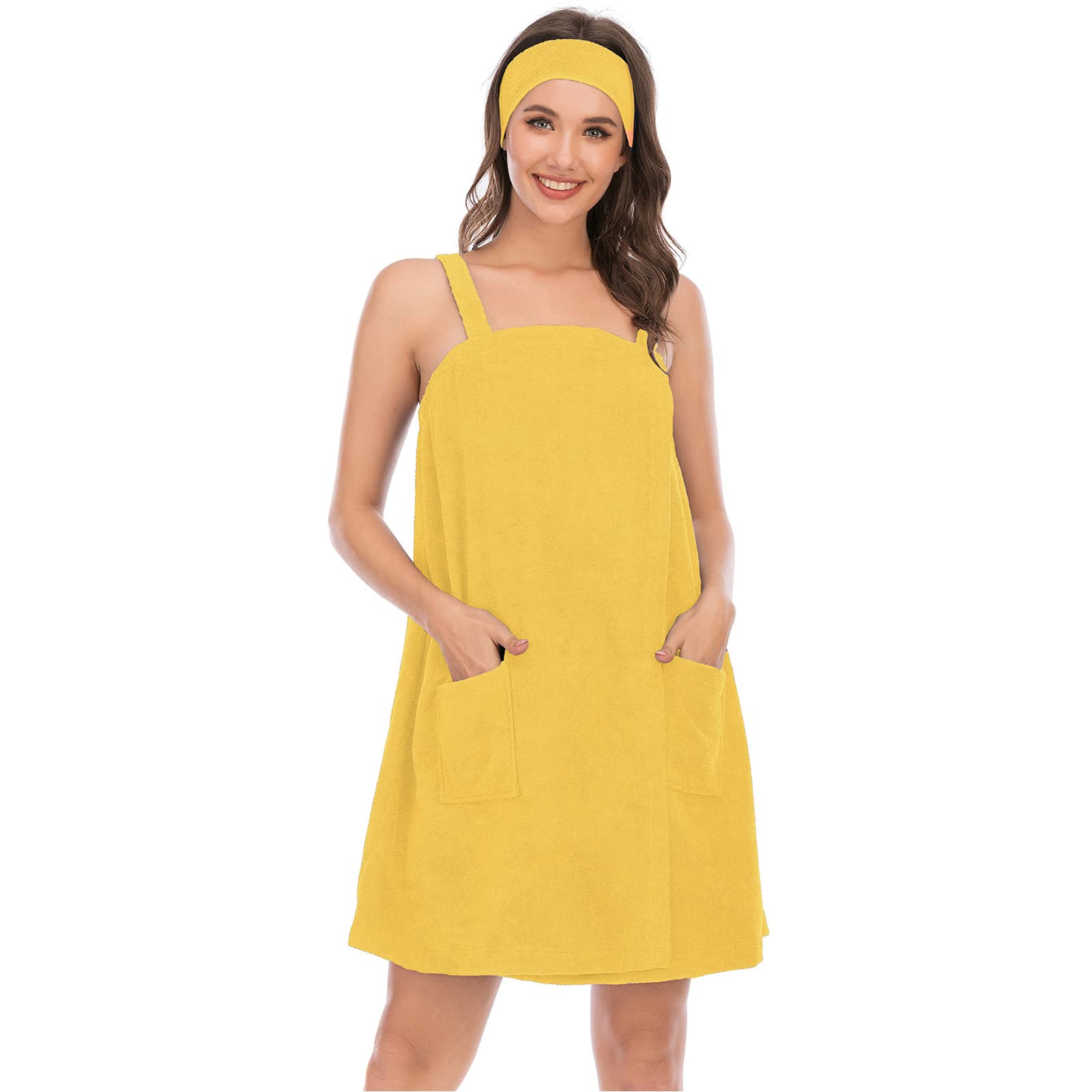 Jamron Womens Adjustable Towel Wraps Bathrobe With Headband for Gym Shower Spa & Beach Cover Ups Yellow XL