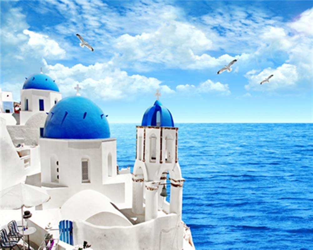 WOWDECOR Paint by Numbers Kits, DIY Oil Painting - Greek Blue and White Buildings Sea 16x20 inch (Frameless)