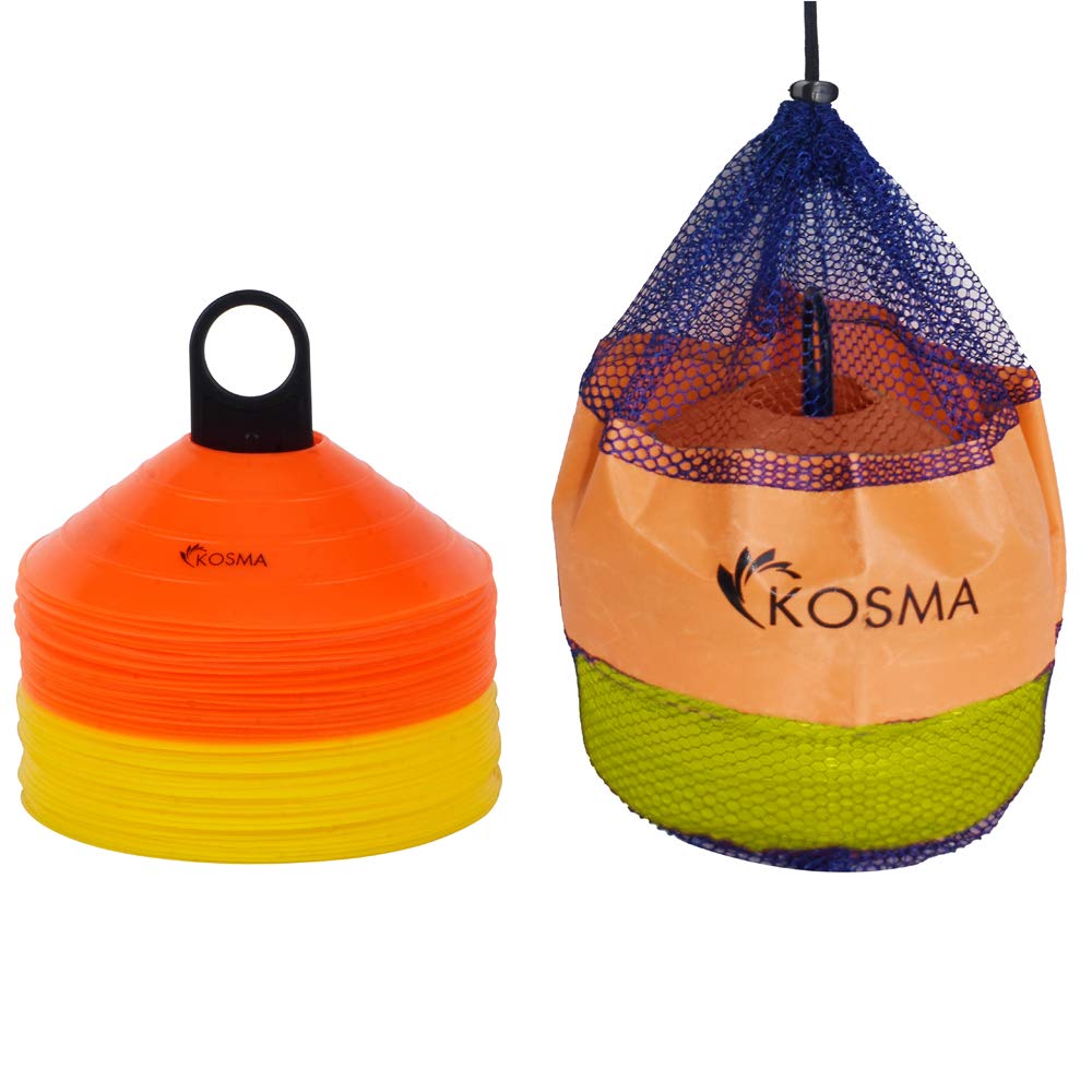 Kosma Pack of 50 Multi Sports Training Space Marker Cone Set with Carry Stand | Agility Training Cones- 25Pc Orange & 25Pc Yellow