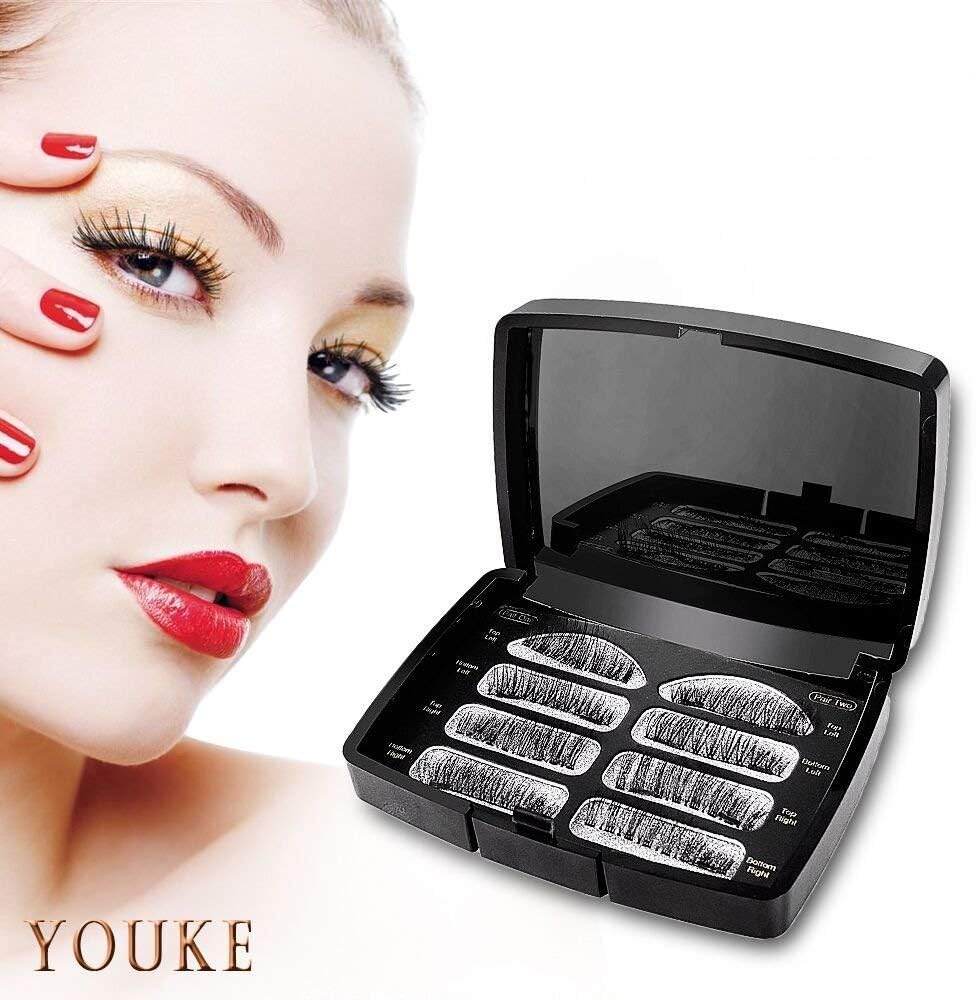 Long Dual Magnetic False Eyelashes, 0.2mm Ultra Thin 3D Reusable Fake Lashes, Full Size Natural Look 2 Pair 8 Pieces