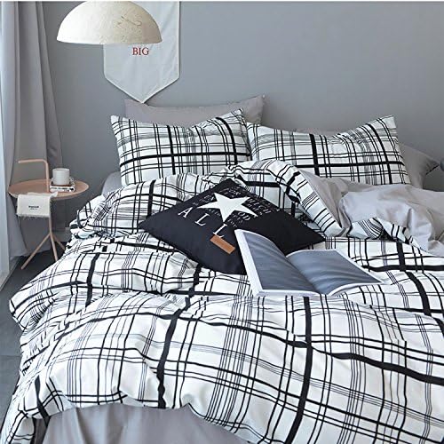 Karever Duvet Cover Set 100% Cotton Soft Queen Size 3 Piece Grid Plaid Checkered Reversible Bedding Sets King Size For Kids Boys With Zipper Closure Corner Ties