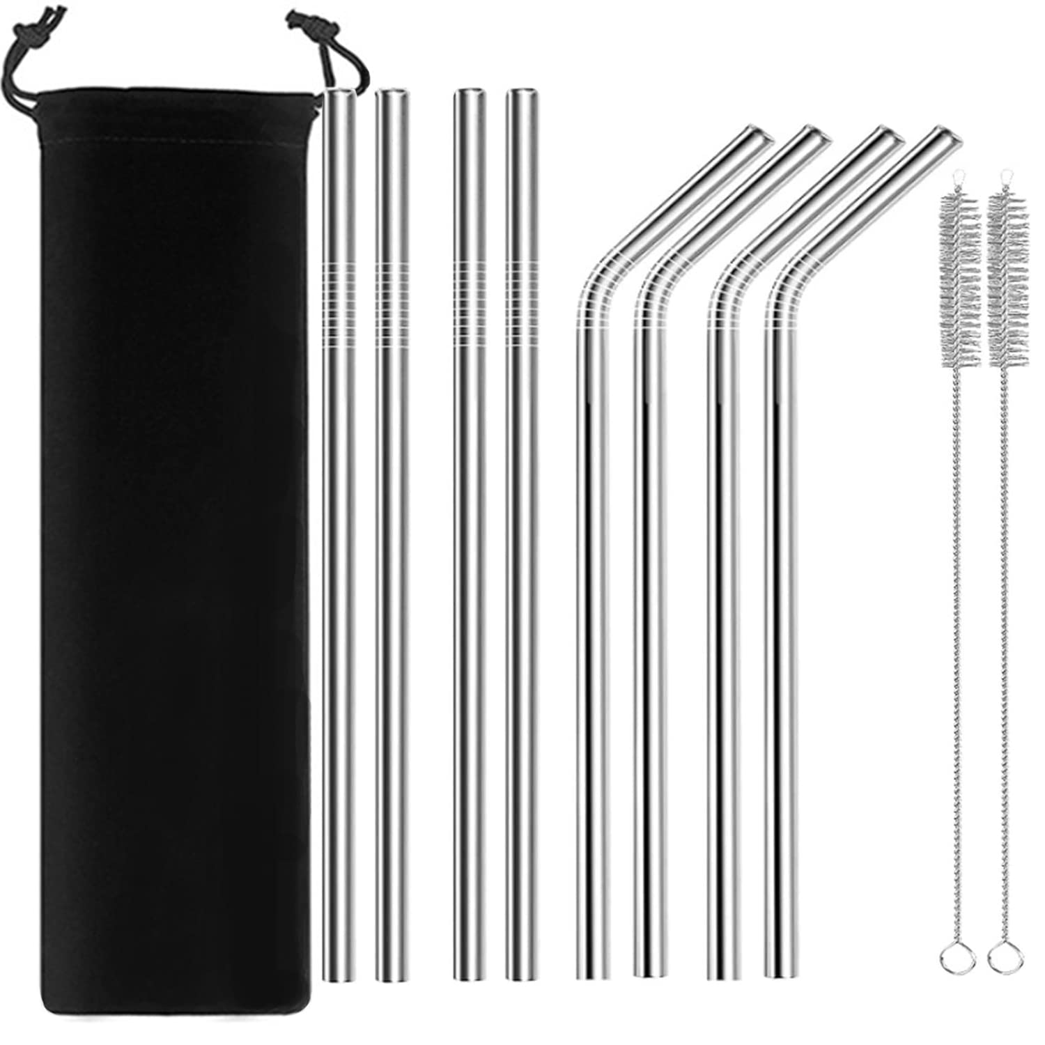 Stainless Steel Straws, Reusable Metal Drinking Straws for Smoothie, Milkshake, Drinking,Beer,Cocktail and Hot Drinks(with 2 Cleaning Brush+Storage Bag)