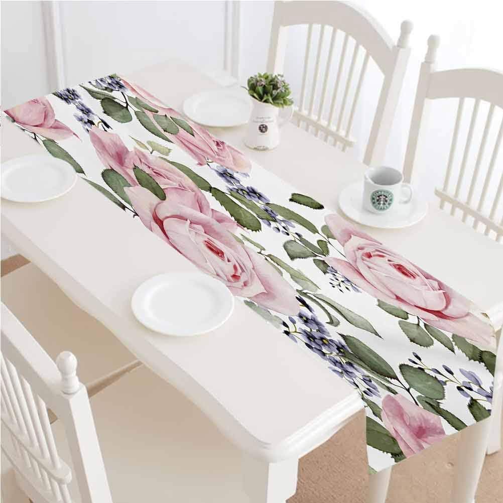 LCGGDB Rose Table Runner Dresser Scarves,Flourishing Pink Roses with Tender Spring Summer Soulful Blossoms Bridal Kitchen Table Runners,14x60 Inch,for Patios Family Dinner Office Kitchen Table