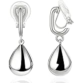 FAN&LOUIS Sliver Teardrop Clip On Earrings for Women,Non-Pierced Trendy Statement Dangle Water Drop Women's Hypoallergenic Clip-On Earrings