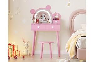 Kids Vanity Table with Lighted Mirror & Stool, Bear-Shaped Girls Vanity Set with Storage Drawer & Shelves, Adjustable LED Lig