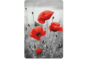 Rustic Metal Tin Sign Poppy Wall Art Red Flower Pictures Wall Decor Black and White Poppies Print Floral Painting for Home De