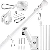 BONWIN White Flag Pole Kit for House, 5 FT Thickened Stainless Steel Porch Wall Mount Flagpole for 3x5' Flag, 1" Tangle Free Rotating Flag Pole Rings & 180° Adjustable Multi-Positions Bracket Holder