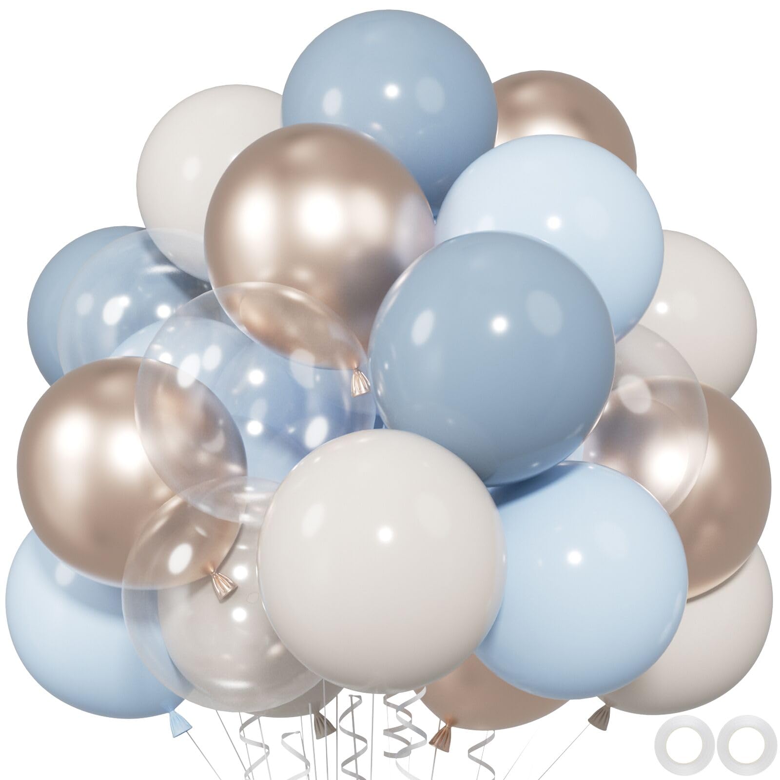 Photo 1 of 60pcs Dusty Blue Balloon Set, 12" Baby Slate Blue, Sand White & Champagne Gold Confetti Balloons for 2025 Graduations,Weddings, Boys' Birthdays & Baby Showers (66ft Ribbons)