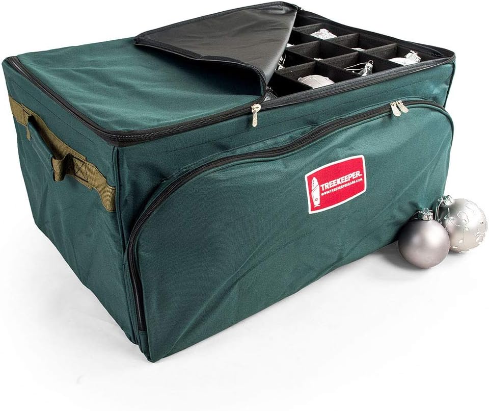 Holiday Décor Storage - TreeKeeper (Green Christmas Ornament Storage Box with Dividers - Deluxe Ornament Keeper - Holds 72 Ornaments up to 4 Inches in Diameter | 3 Removable Trays with Separators | Acid-Free Fabric Lining