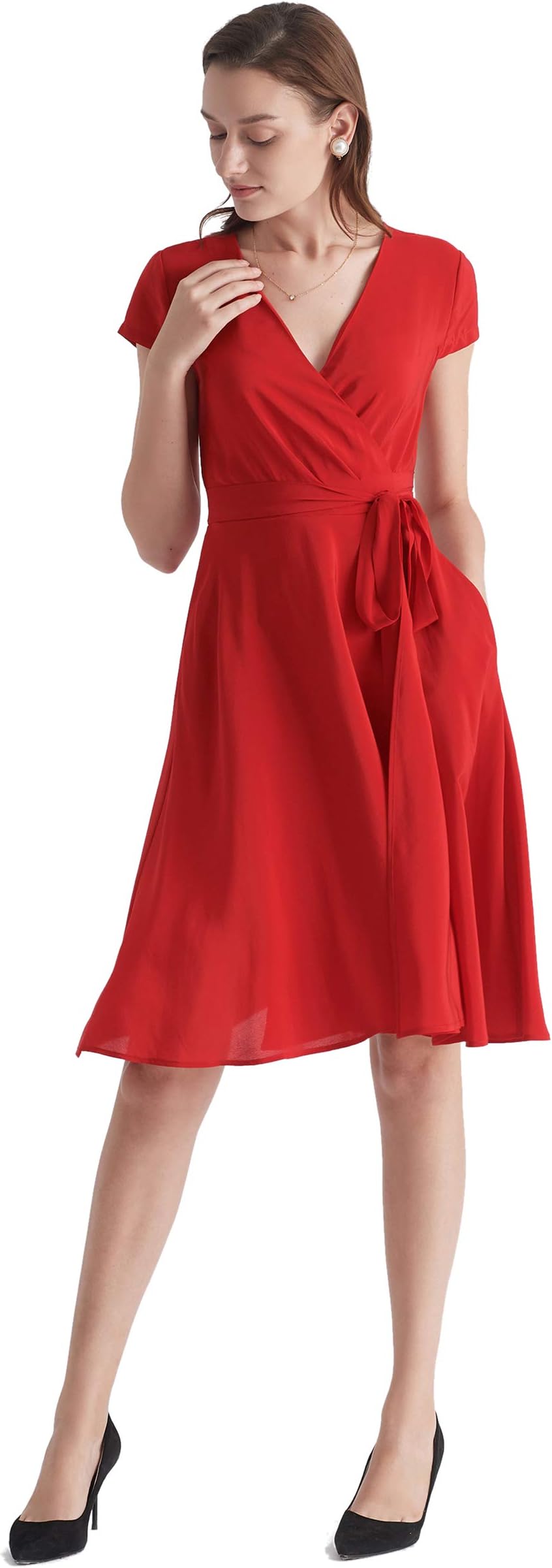 LilySilk Silk Wrap Dress for Women V Neck with Belt Pockets Figure Flattering Tunic Ladies