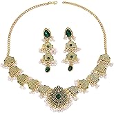 NewZenro Gold Plated Ethnic Sun CZ Pearl Beaded Tassel Dangle Drop Stud Earrings Indian Traditional Teardrop Choker Necklace Set for Women Gold Plated Fashion Antique Bollywood Jewelry