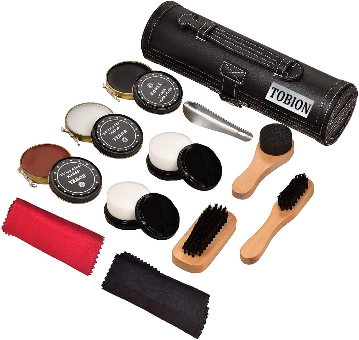 Shoe Shine Brush Kit Shoe Care Kit shoes brushes polishing & Cleaning Kit with PU Leather Sleek Elegant Case(BLACK)